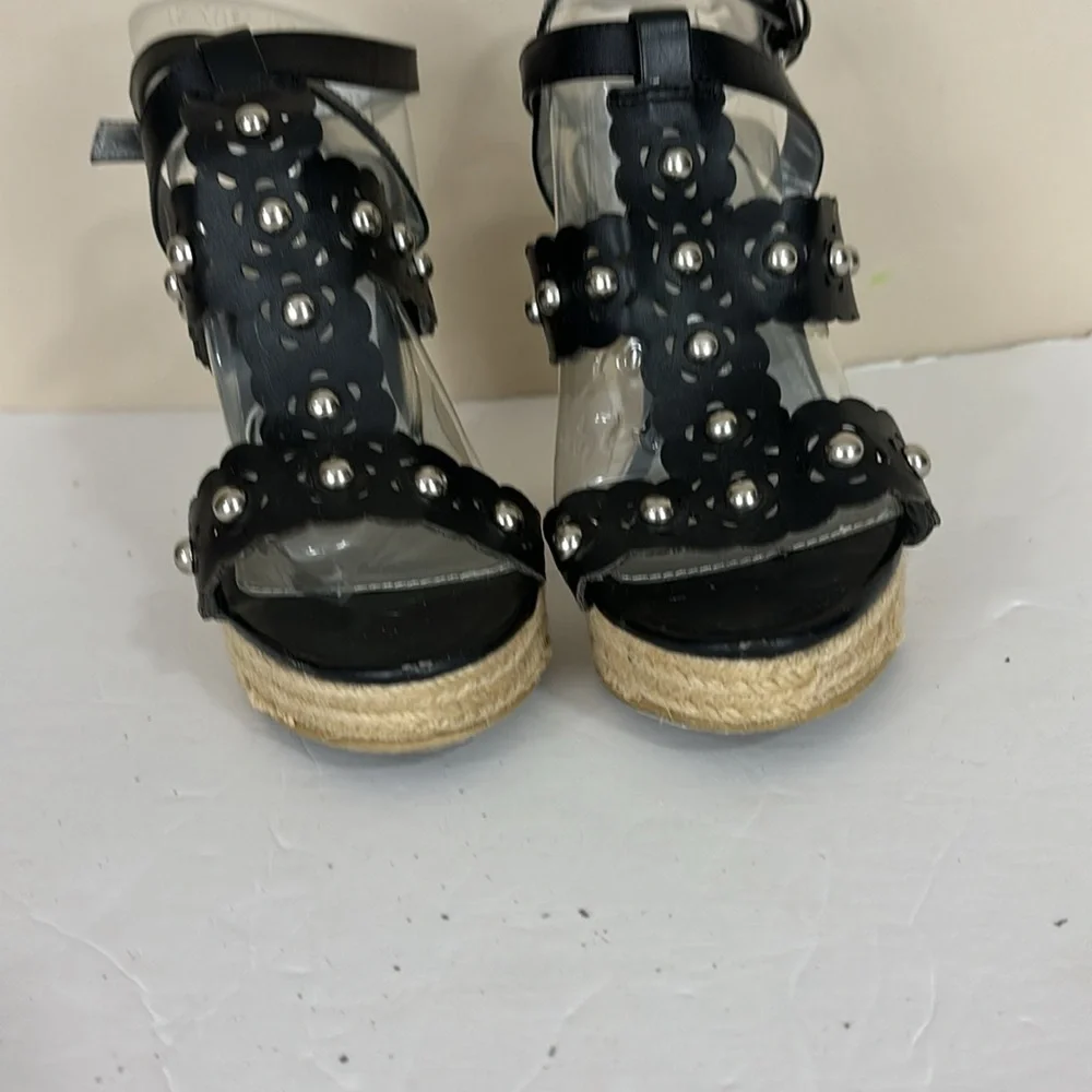 Cato Studded Black Platform Wedge Espadrille Sandals Size 8